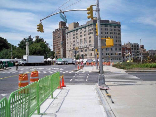 Protected cycle track under construction at the busy Grand Army Plaza traffic circle in Brooklyn, New York (photo by Aaron Dalton)